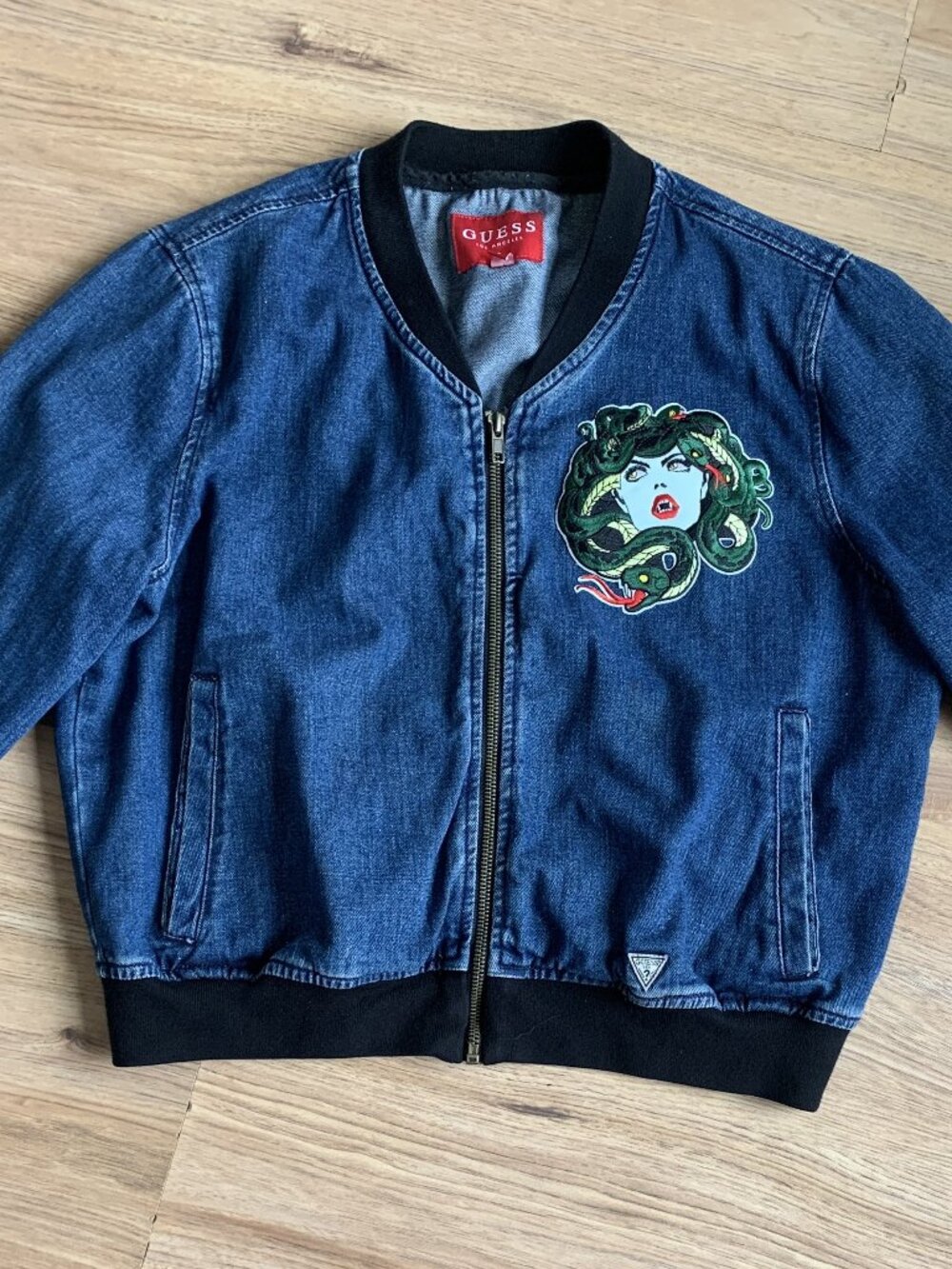 GUESS Denim Bomber Jacket with Medusa Patch